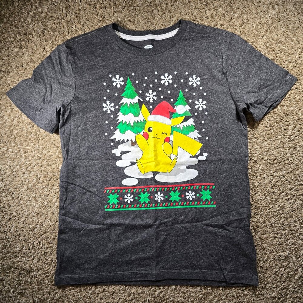Old Navy Pokemon Pikachu Holiday Christmas T-shirt Youth Size Large (10-12) Grey